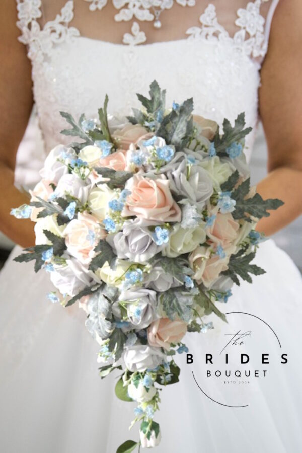 Artificial teardrop wedding bouquet with faux roses forget-me-nots and foliage