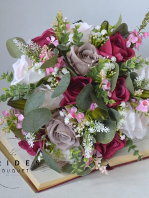 Rustic pink silk wedding bouquet with matching buttonhole
