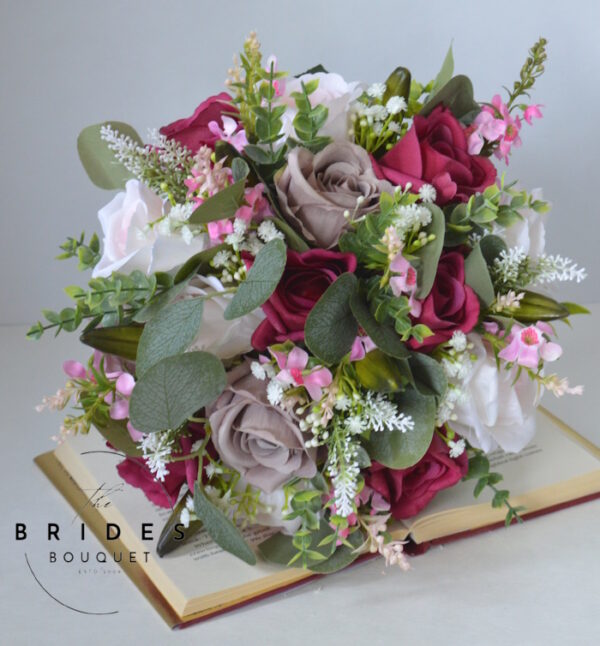 Rustic pink silk wedding bouquet with matching buttonhole