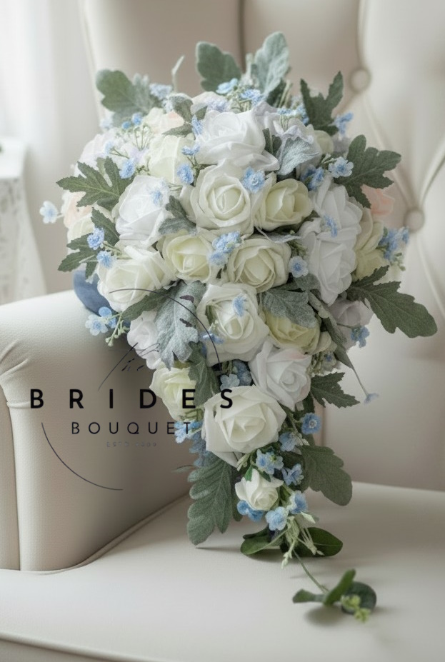 bridal tear bouquet with forget me nots and lambs ear and roses any colours