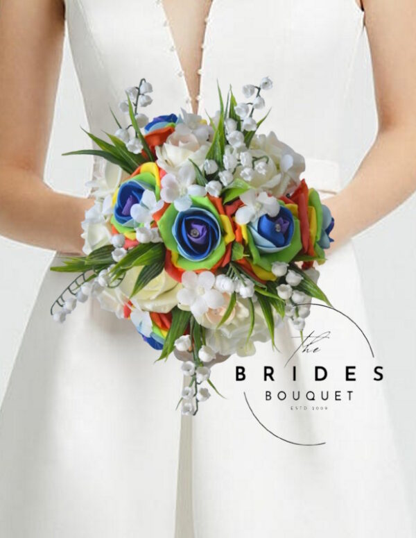 rainbow rose wedding flowers same sex bridesmaids bouquets artificial roses