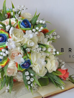 Artificial pride rainbow rose wedding bouquet with lily of the valley – perfect for same-sex weddings and celebrations of love.