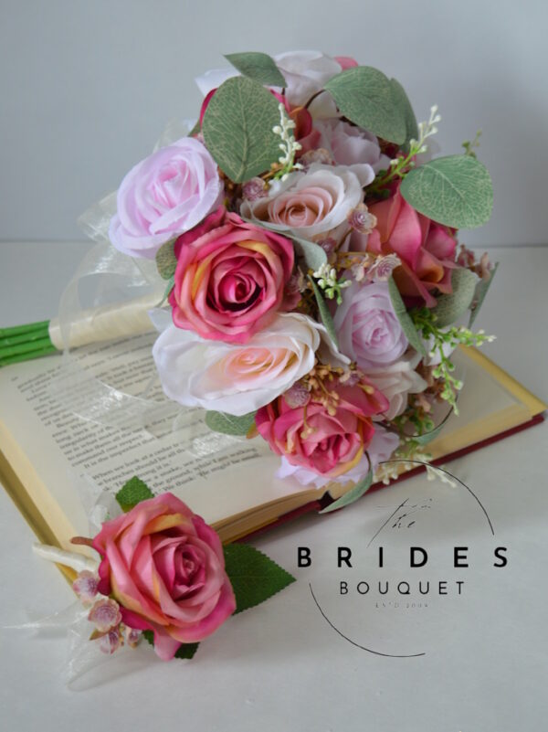 ready to ship silk rose bridal bouquet with grooms and guest buttonholes