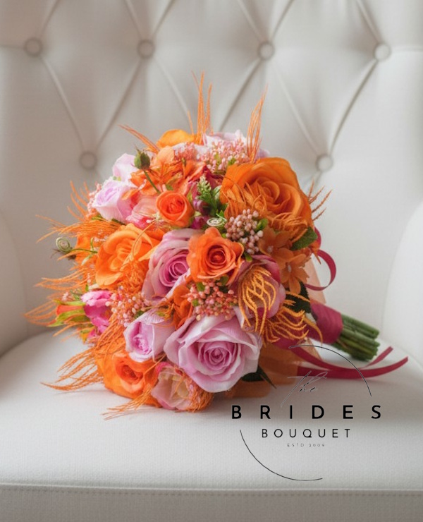 wedding bouquet of hot pink and orange silk roses ready to ship bridal flowers uk
