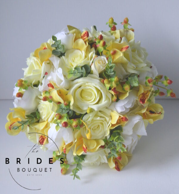 lemon silk bridal bouquet ready to ship brides posy roses orchids peony