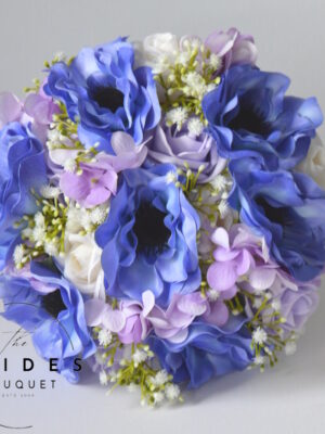 Ready to ship blue anemone and lilac rose bridal bouquet