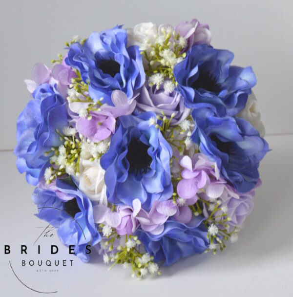 Ready to ship blue anemone and lilac rose bridal bouquet