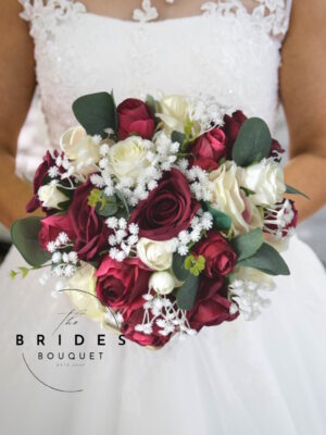 Deep red silk rose bridal bouquet with matching grooms buttonhole, ready to ship, handtied posy with natural ivory ribbon finish