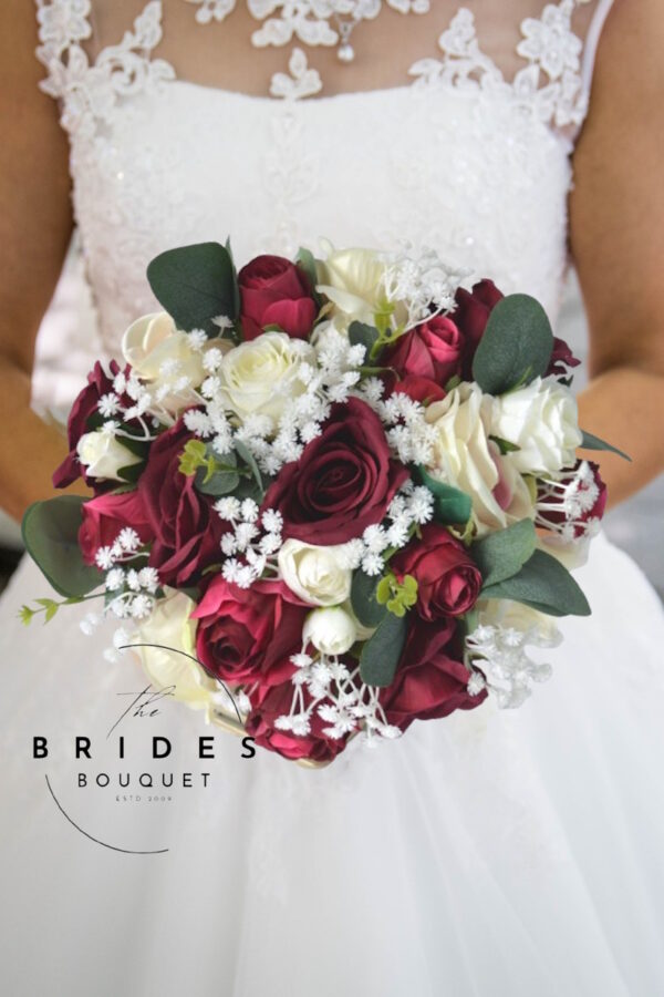 Deep red silk rose bridal bouquet with matching grooms buttonhole, ready to ship, handtied posy with natural ivory ribbon finish