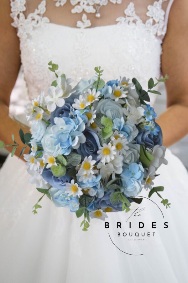 Ready to ship artificial wedding bouquet in blue and white tones