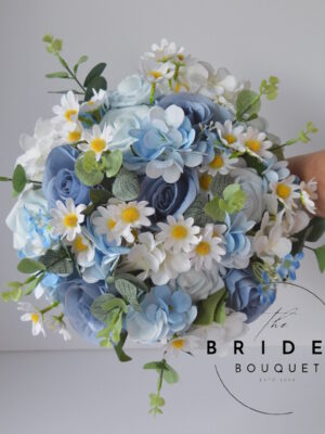 Dusty blue silk bridal bouquet with roses, hydrangea, daisies and eucalyptus