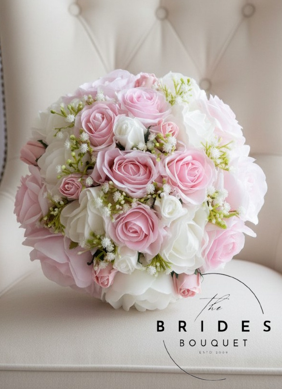 pink and white real touch rose ready to ship wedding bouquet brides flowers baby pink and white real touch wedding bouquet with gyp