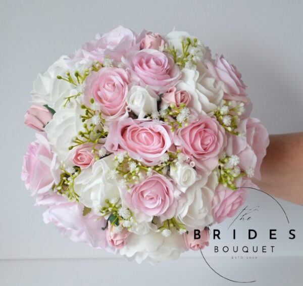 baby pink and white real touch wedding bouquet with gyp