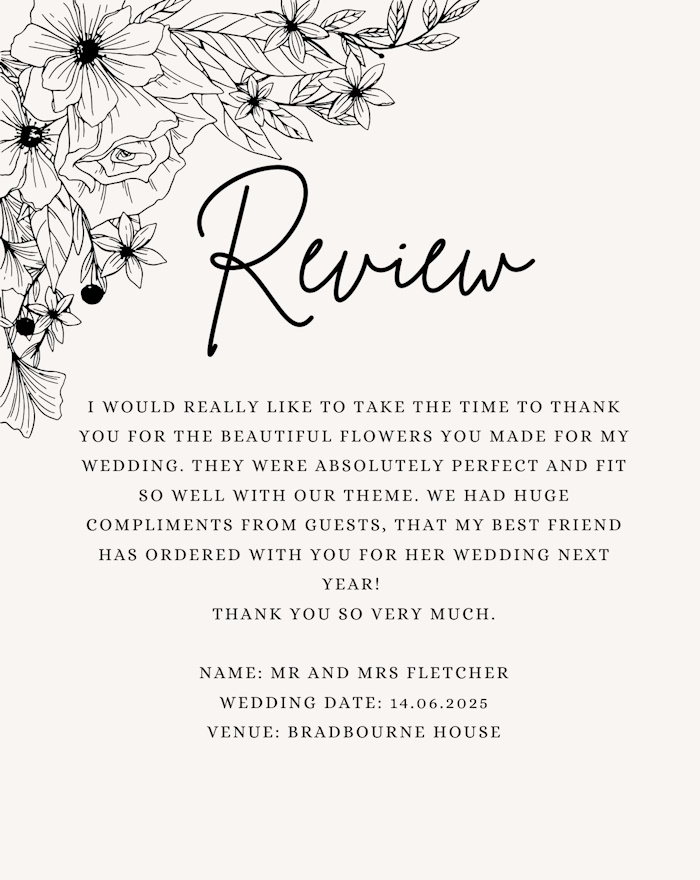 review of bridal flowers created for a summer 2025 wedding at bradbourne house uk