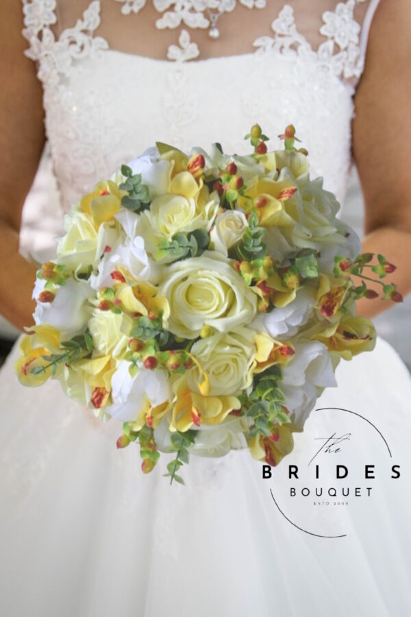 Lemon and white bridal bouquet with silk roses and orchids