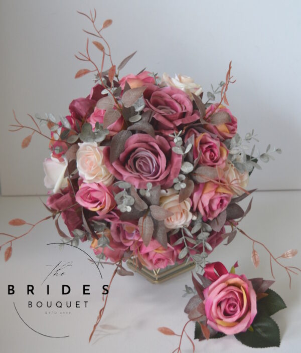 Ready to ship bridal bouquet in raspberry, blush and dusky pink with autumn foliage
