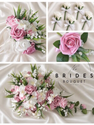 8-piece artificial wedding flower package with teardrop bridal bouquet, bridesmaid posy and buttonholes in lily of the valley and roses