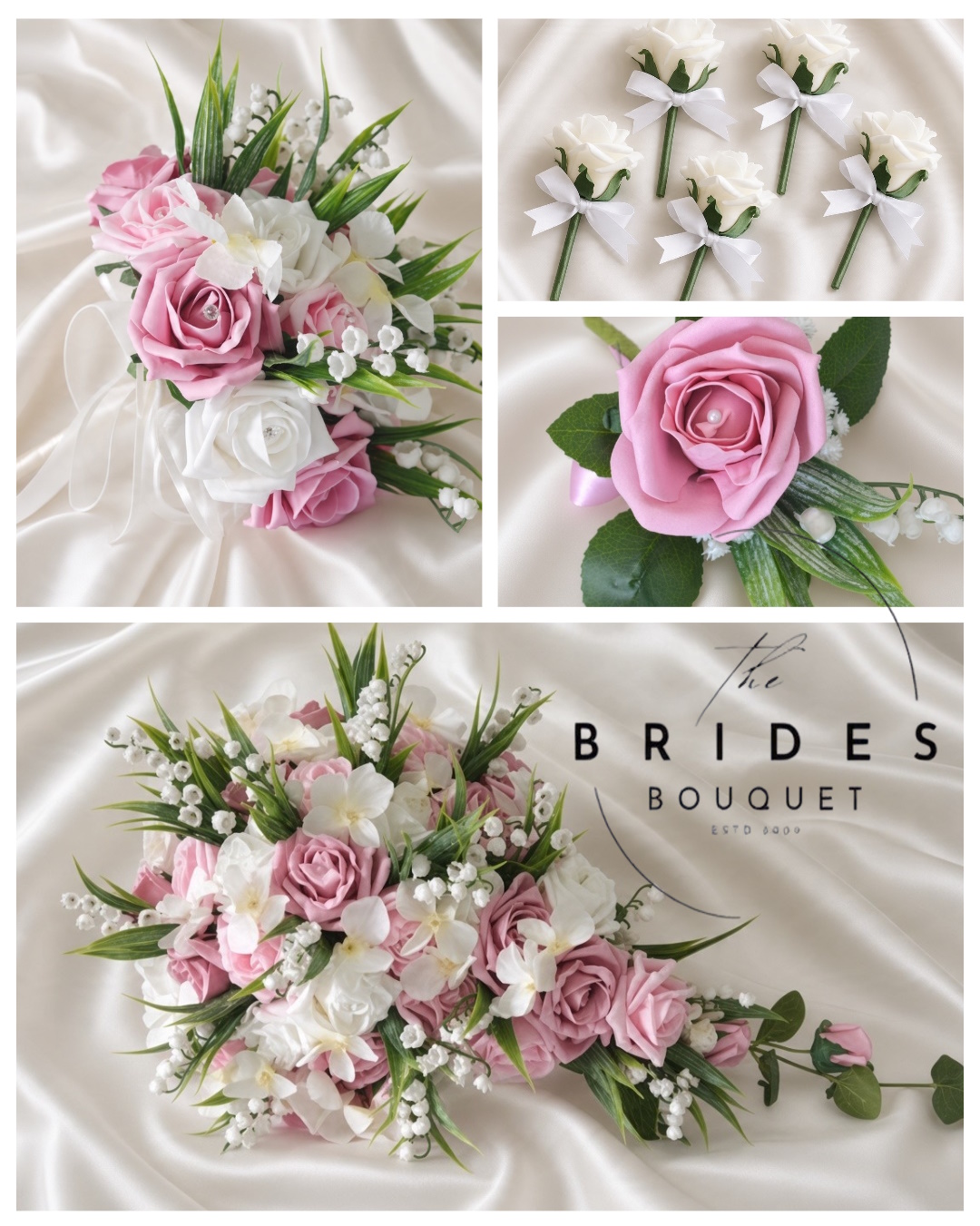 bridal flower package of brides tear cascade bridesmaids bouquet and buttonholes with lily of the valley and roses 8-piece artificial wedding flower package with teardrop bridal bouquet, bridesmaid posy and buttonholes in lily of the valley and roses