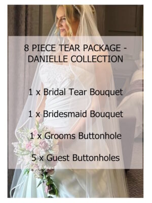 8-piece artificial wedding flower package with teardrop bridal bouquet, bridesmaid posy and buttonholes in lily of the valley and roses