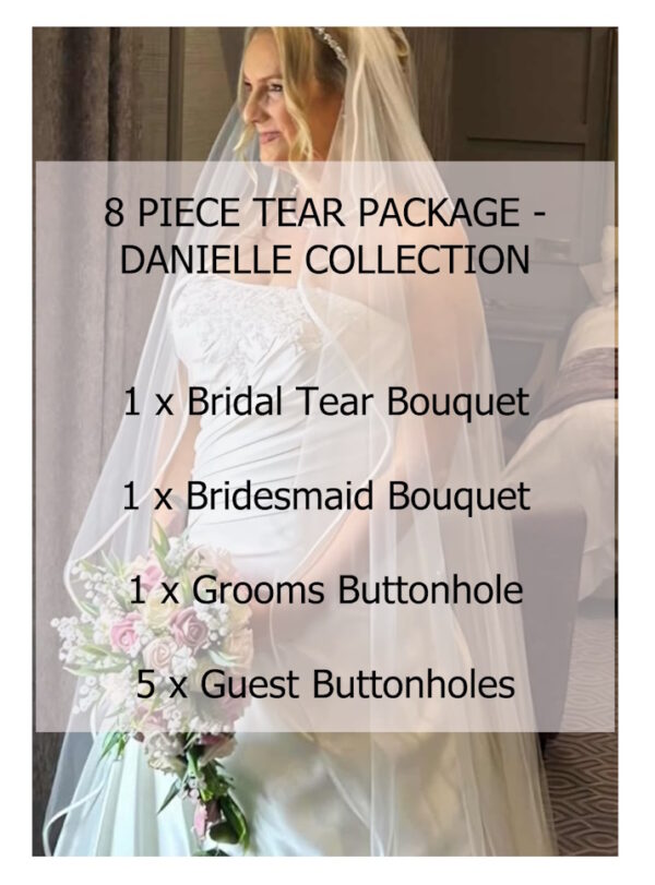 8-piece artificial wedding flower package with teardrop bridal bouquet, bridesmaid posy and buttonholes in lily of the valley and roses