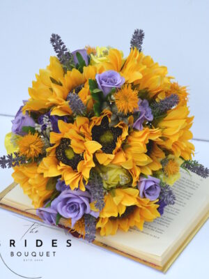 Ready to ship bridal bouquet with matching buttonhole – sunflowers, roses & heather