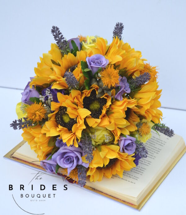 Ready to ship bridal bouquet with matching buttonhole – sunflowers, roses & heather