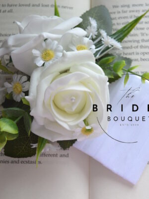 Grooms pocket square flower with roses and daisies in chosen ribbon colour