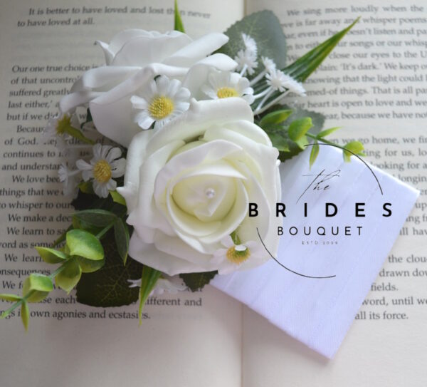 Grooms pocket square flower with roses and daisies in chosen ribbon colour