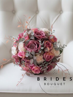 bridal bouquet of dusky pink blush and raspberry roses with autumn foliage ready to ship wedding posy