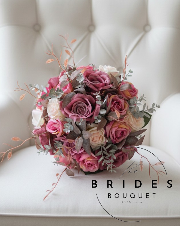 dusky pink and raspberry silk wedding bouquet ready to ship bridal bouquet of dusky pink blush and raspberry roses with autumn foliage ready to ship wedding posy