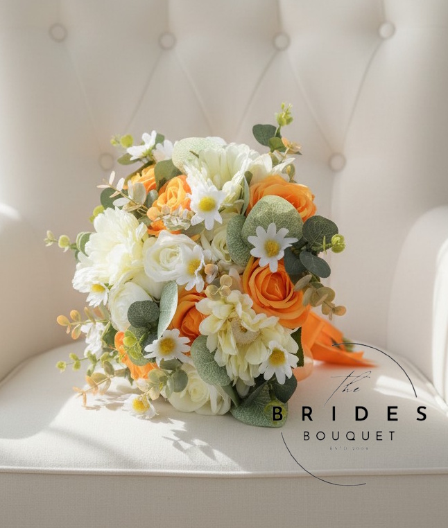 orange and ivory silk rose tangerine summer spring wedding bouquet ready to ship brides flowers uk