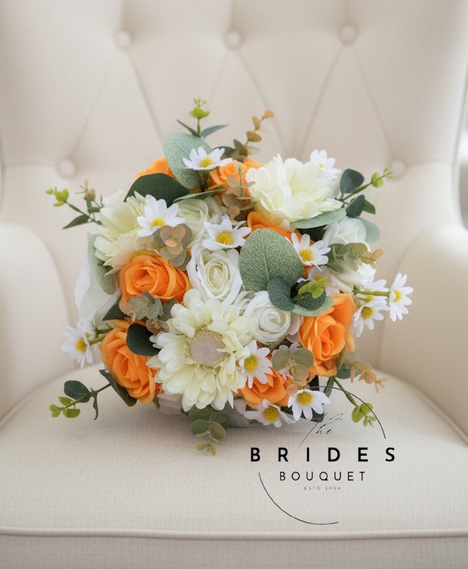 orange and ivory silk wedding bouquet of faux flowers for last inute weddings ready to ship