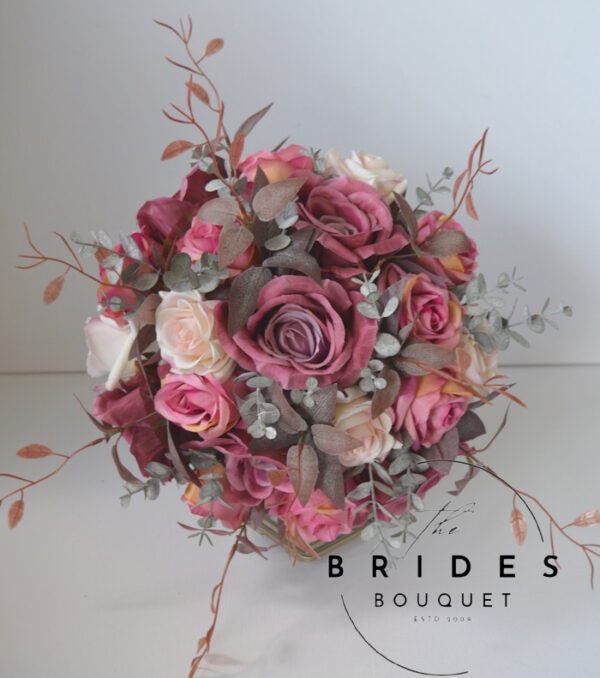 Ready made artificial wedding bouquet with satin ribbon and romantic autumn styling