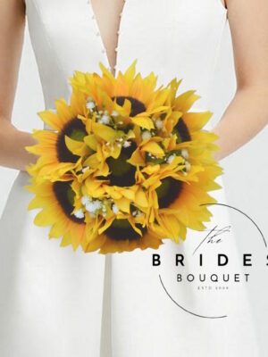 silk sunflower wedding bouquet with baby breath