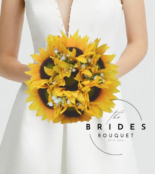 silk sunflower wedding bouquet with baby breath
