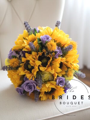 Ready to ship bridal bouquet with matching buttonhole – sunflowers, roses & heather