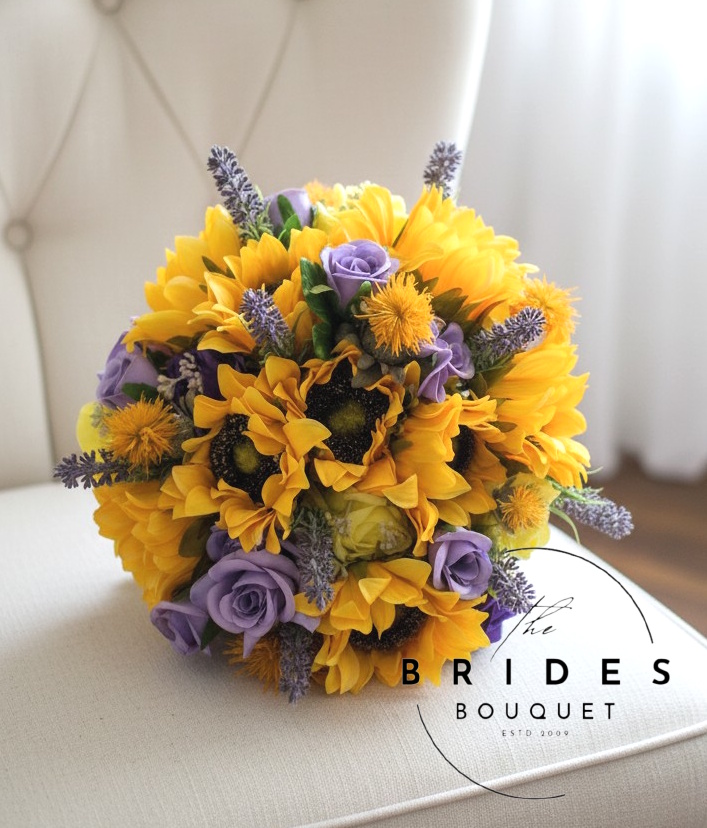 sunflower and silk rose wedding bouquet lilac purple yellow brides flowers ready to ship Ready to ship bridal bouquet with matching buttonhole – sunflowers, roses & heather
