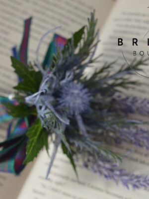 tScottish thistle and lilac heather wedding buttonhole with tartan ribbon