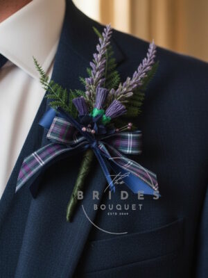 Scottish thistle and heather wedding buttonhole with choice of heather and ribbon colours