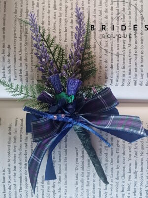 Scottish thistle and heather wedding buttonhole with choice of heather and ribbon colours