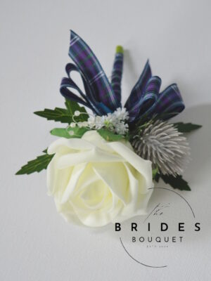 Custom colour Scottish rose and thistle wedding buttonhole with tartan ribbon, gypsophila and pearl pin
