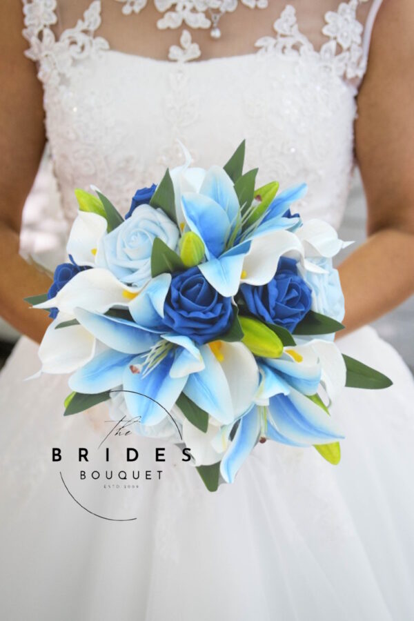 Blue tropical lily wedding bouquet with white calla and blue roses