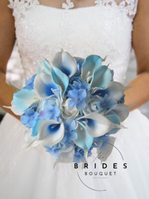 Blue bridal bouquet with calla lilies, roses and hydrangea, ready to ship