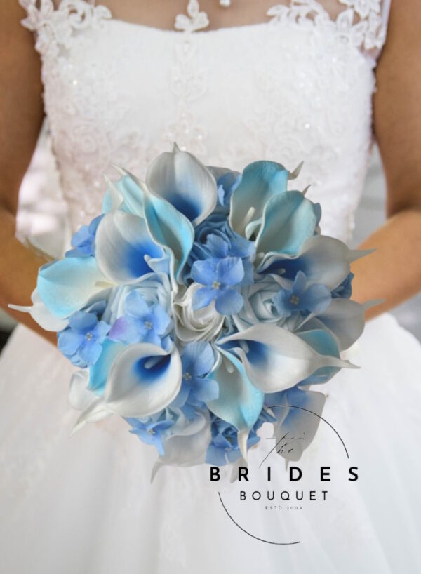 Blue bridal bouquet with calla lilies, roses and hydrangea, ready to ship