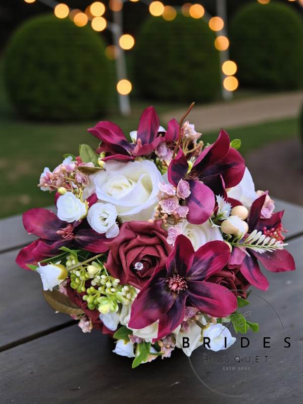 burgundy magnolias silk wedding bouquet winter bridal flowers uk ready to ship (1)