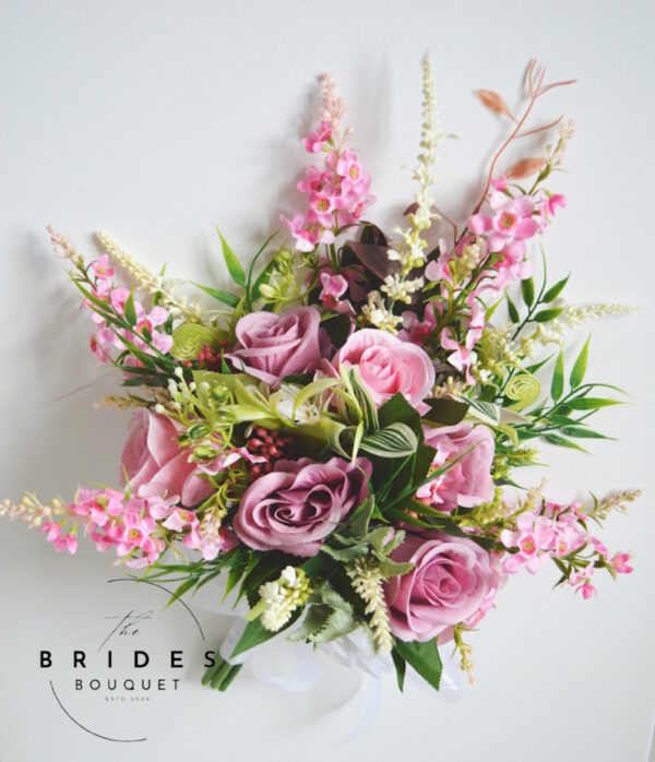 Pink silk rose & wildflower bridal bouquet ready to ship