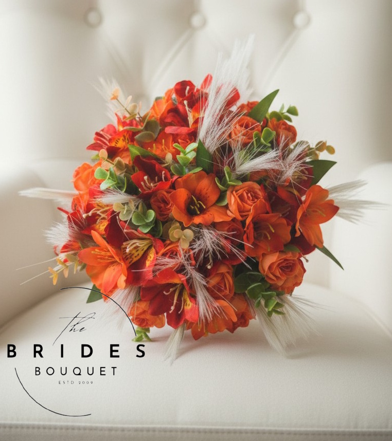 oranged themed silk wedding bouquet with pampas grasses modern ready to ship