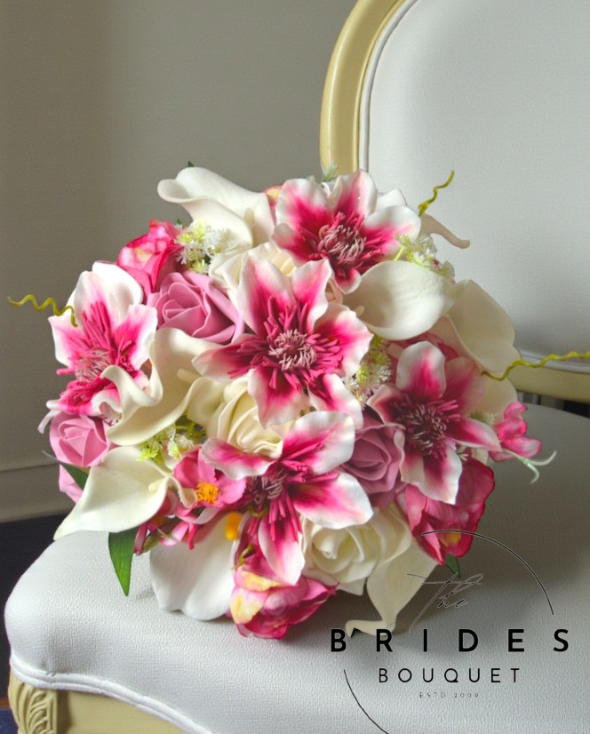 pink silk clematis wedding bouquet artificial bridal flowers in pink with calla lily for last minute weddings uk ready to ship brides silk flower bouquet pink clematis and calla lily