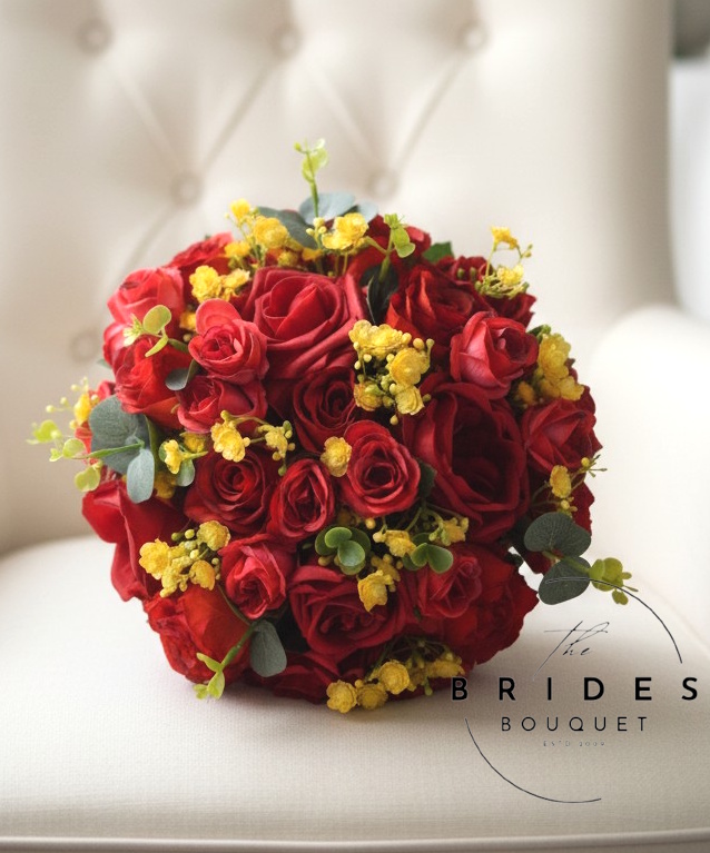 red silk rose wedding bouquet with yellow gyspophila ready to ship brides flowers uk red yellow rose wedding bouquet