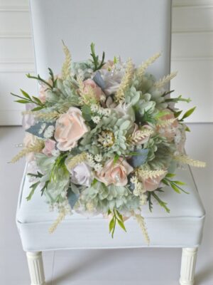 pastel pink and sage silk wedding bouquet of artificial flowers ready to ship bridal bouquet last minute wedding flower posy